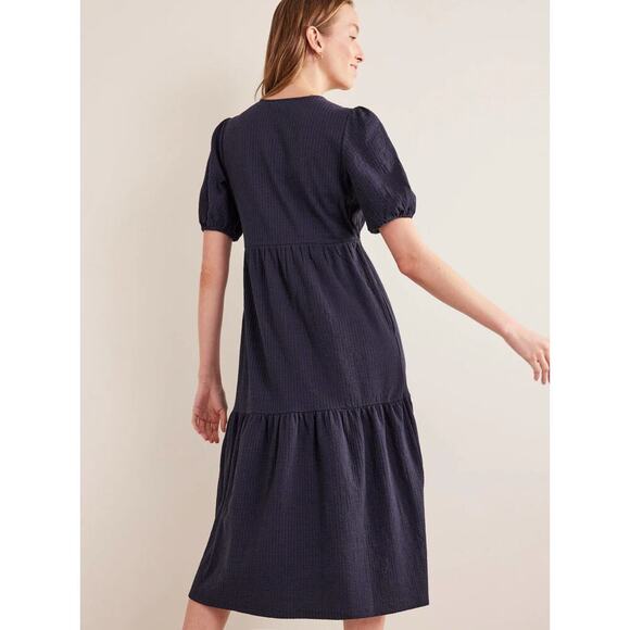 BODEN Navy Blue Jersey Seersucker Puff Sleeve V-Neck Cotton Midi Dress - Picture 2 of 11